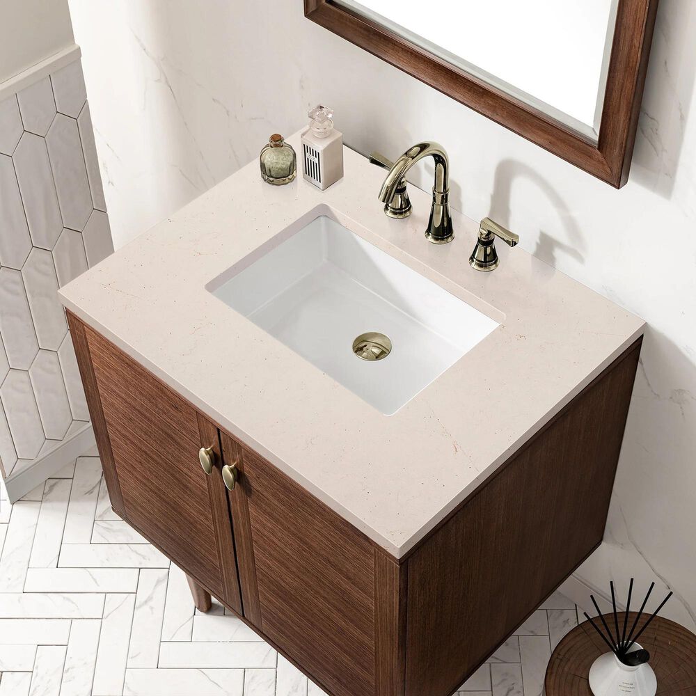 James Martin Vanities Amberly 30&quot; Single Bathroom Vanity in Walnut with 3 cm Eternal Marfil Quartz Top and Rectangular Sink, , large