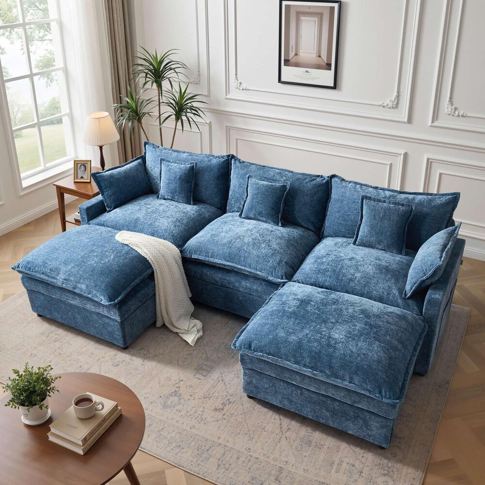 HOMLUX 107.87" Ultra-Comfort Chenille Sectional Sofa Set in Blue, , large