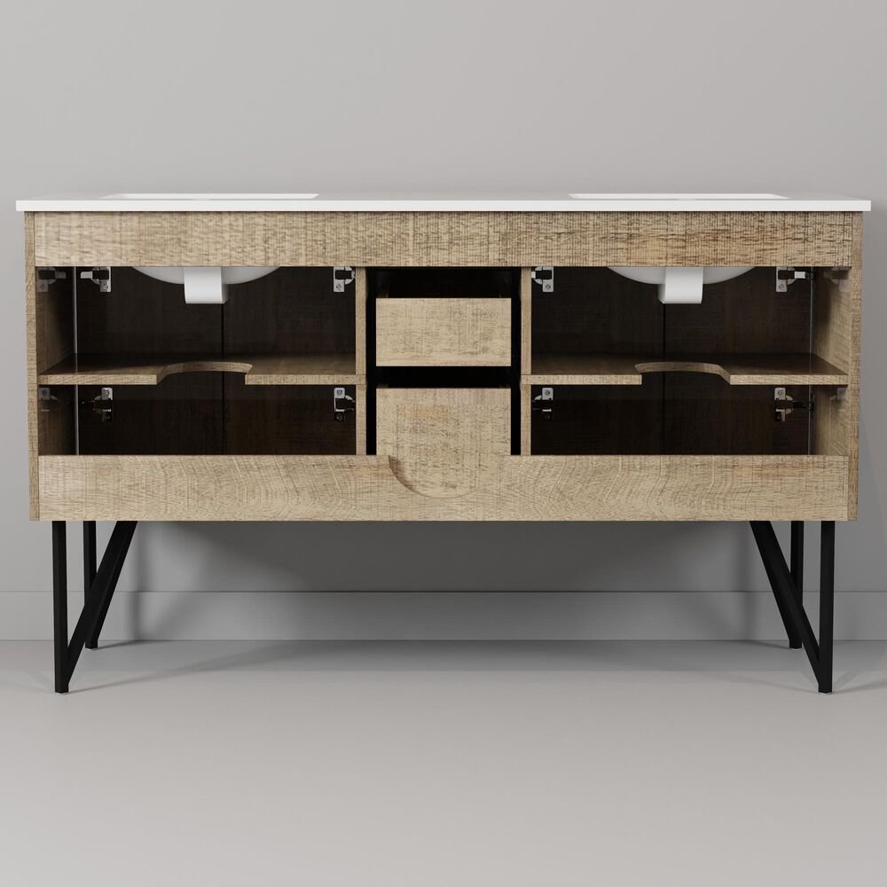 Lexora Home Lancy 60" Double Bathroom Vanity in Rustic Acacia with 2 cm White Cultured Marble Top and Rectangular Sinks, , large