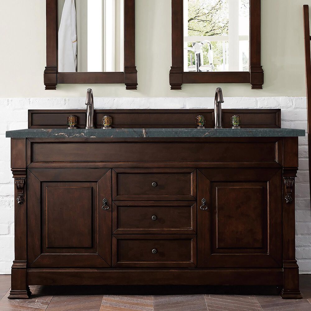 James Martin Vanities Brookfield 60&quot; Double Bathroom Vanity in Burnished Mahogany with Single Hole 3 cm White Zeus Quartz Top and Rectangular Sinks, , large