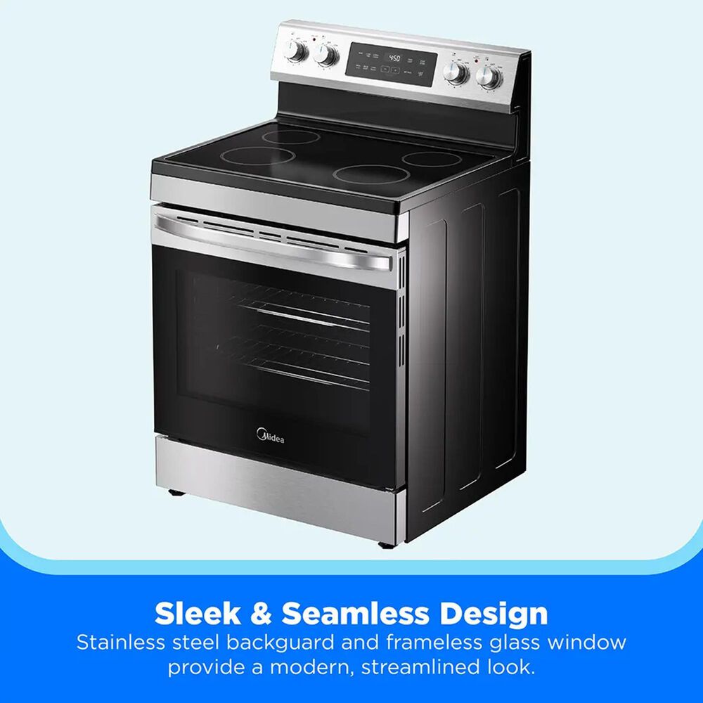 Midea 4-Piece Kitchen Package with 18.4 Cu. Ft. French Door Refrigerator and 6.3 Cu. Ft. 4-Element Freestanding Electric Range in Stainless Steel, , large