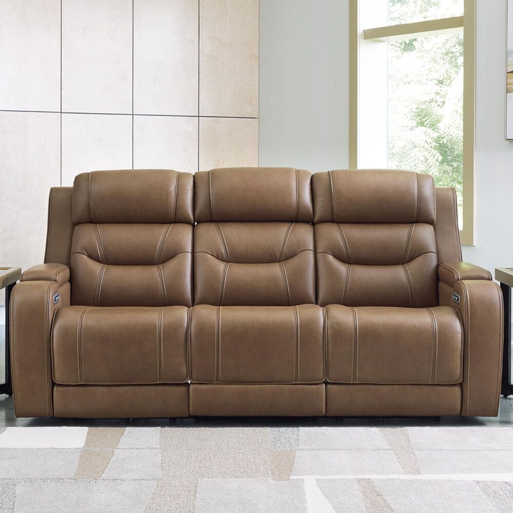 Ashley Knightington Power Reclining Sofa with Audio Seating in Caramel, , large