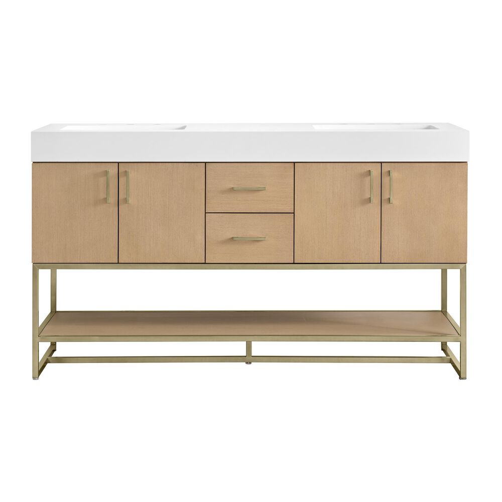 37B Mauri 60" Double Bathroom Vanity with Metal Base in Warm Oak with High-Profile 4" White Composite Stone Top, , large
