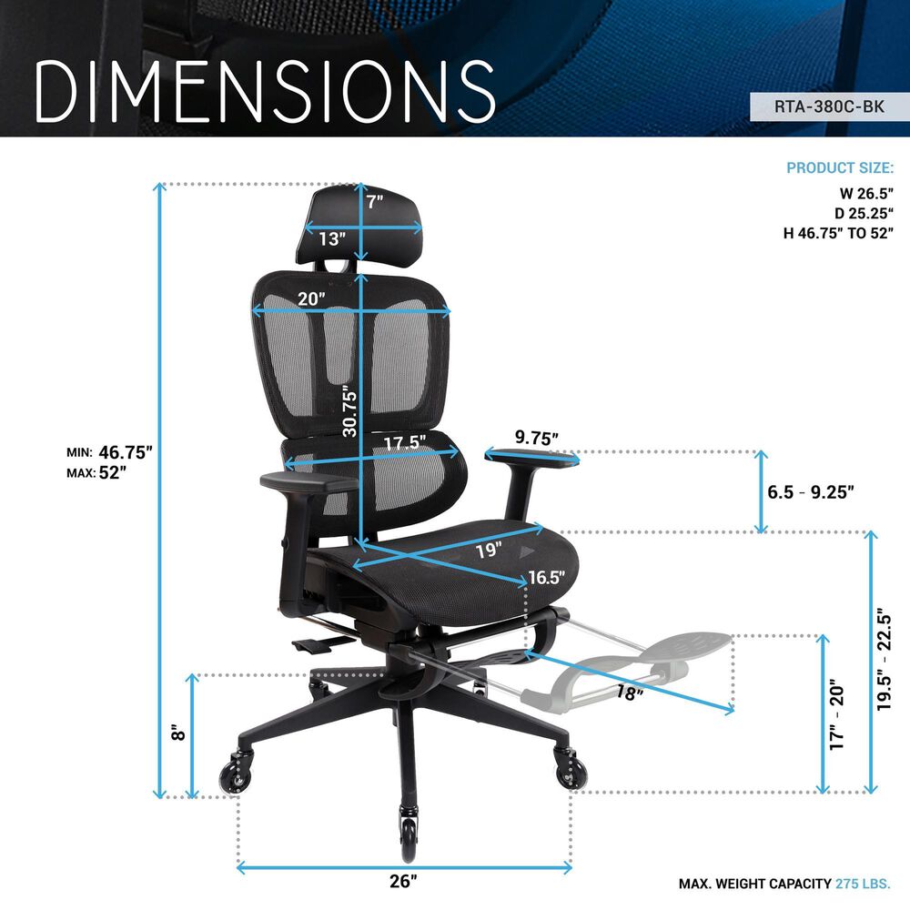 Rta Products Llc Ultimate Reclining Ergonomic Mesh Office Chair with Lumbar Support and Footrest in Black, , large