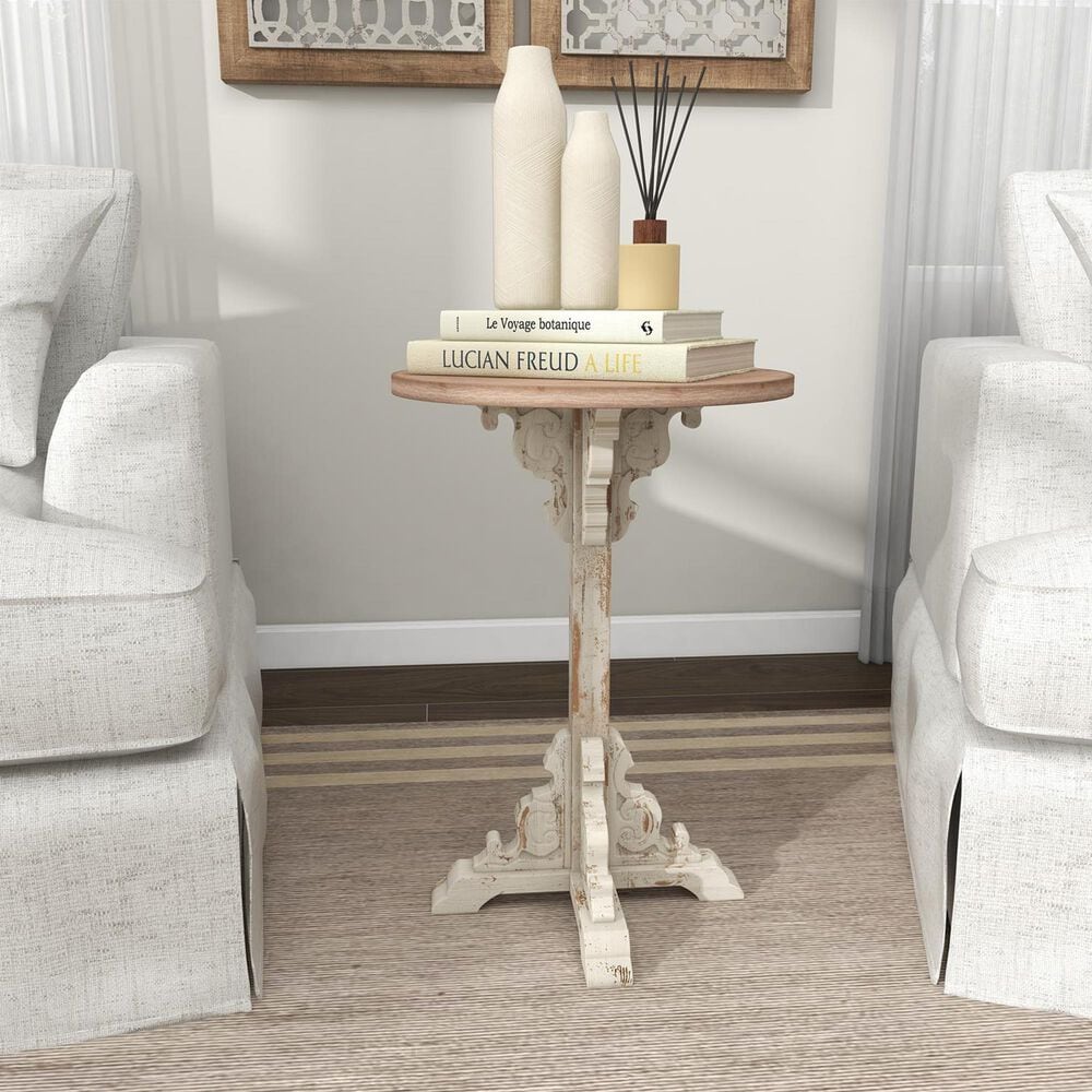 Maple and Jade Pedestal Scroll Accent End Table in Distressed White and Dark Brown, , large
