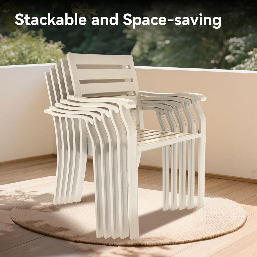 Hearth and Haven 7-Piece Outdoor Metal Dining Set with Stackable Chairs and Round Slatted Table in Sandstone, , large