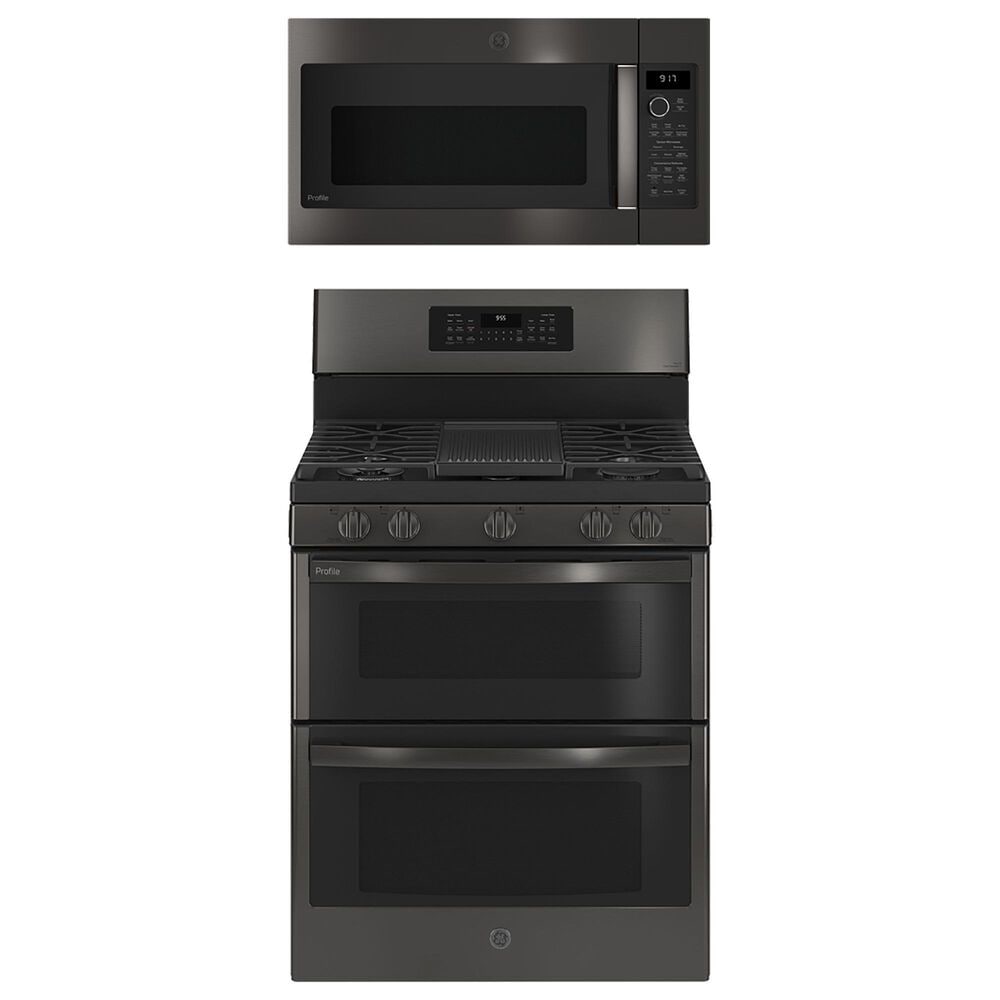 GE Profile Profile 2-Piece Kitchen Packages with 30" Gas Double Oven Range and 1.7 Cu. Ft. Over-the-Range Microwave Oven in Fingerprint Resistant Black Stainless Steel, , large