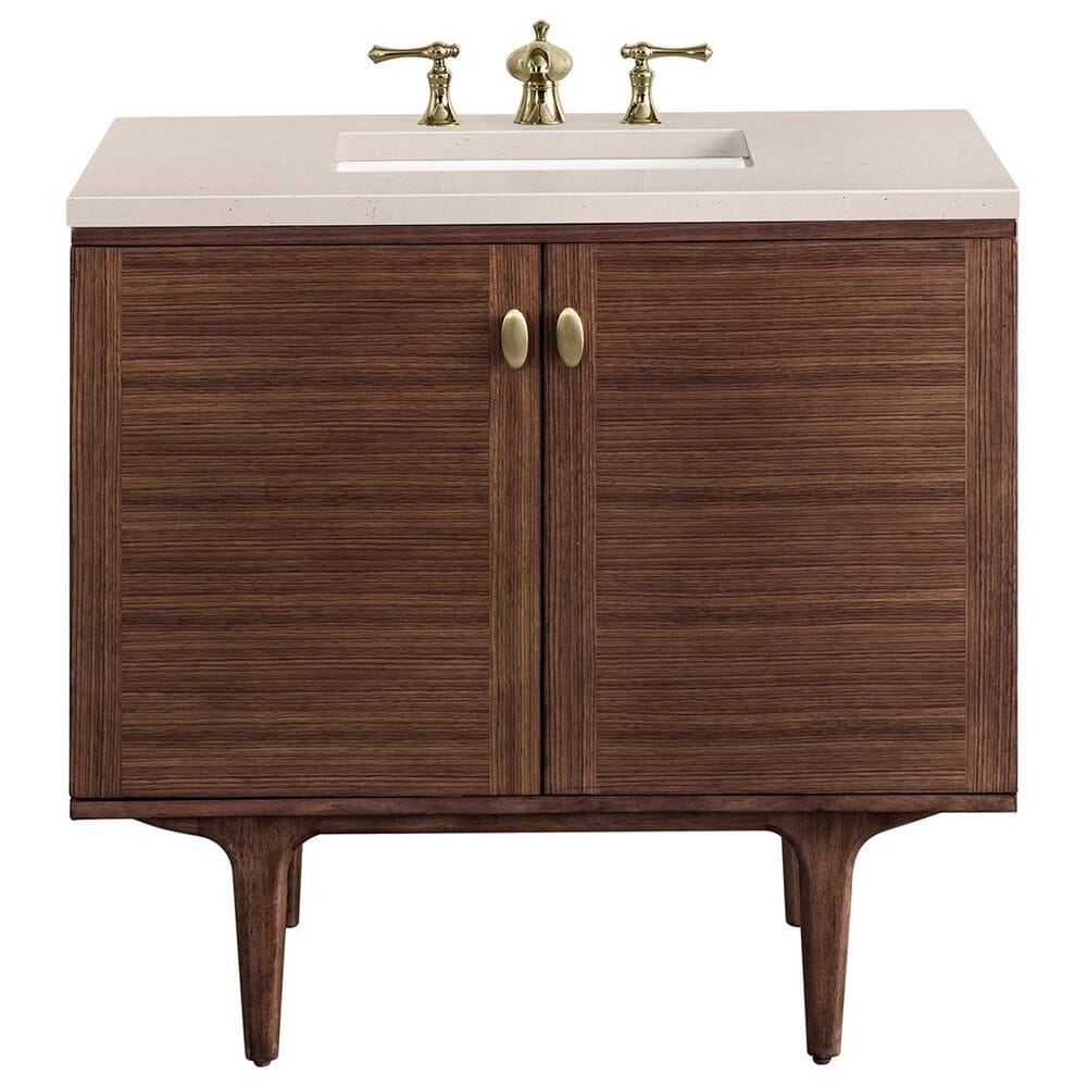 James Martin Vanities Amberly 36" Single Bathroom Vanity in Walnut with 3 cm Eternal Marfil Quartz Top and Rectangular Sink, , large