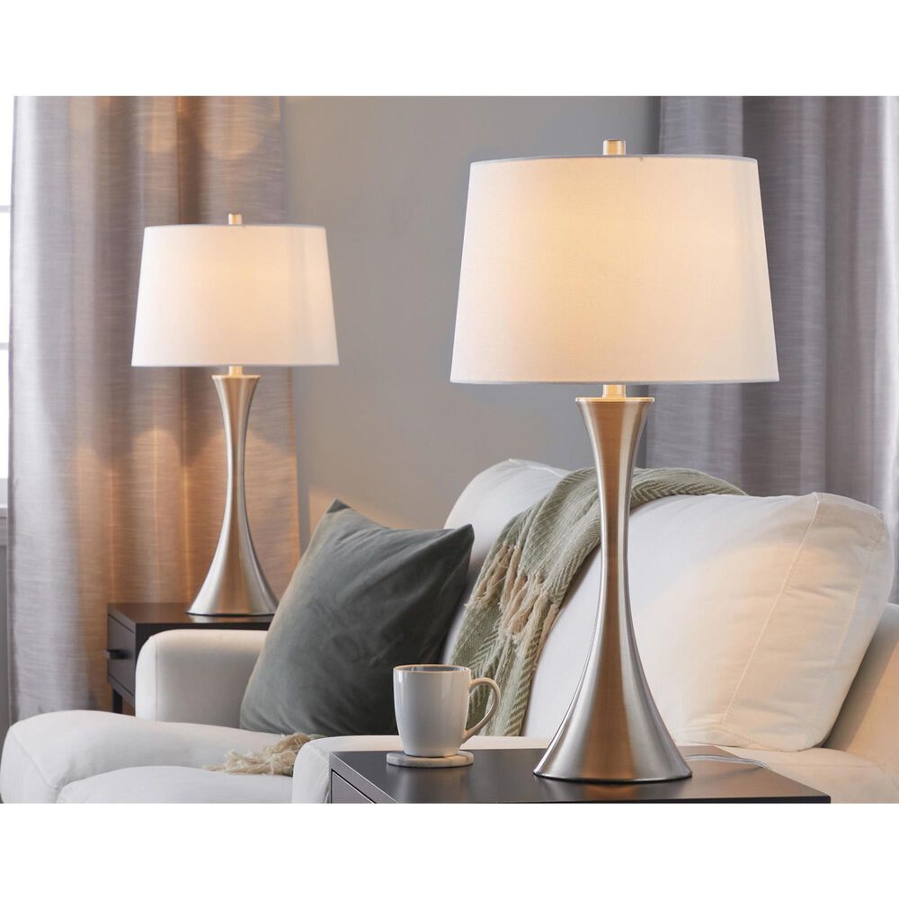 LumiSource Lenuxe 29" Metal Table Lamp with White Textured Linen Shade in Brushed Nickel (Set of 2), , large
