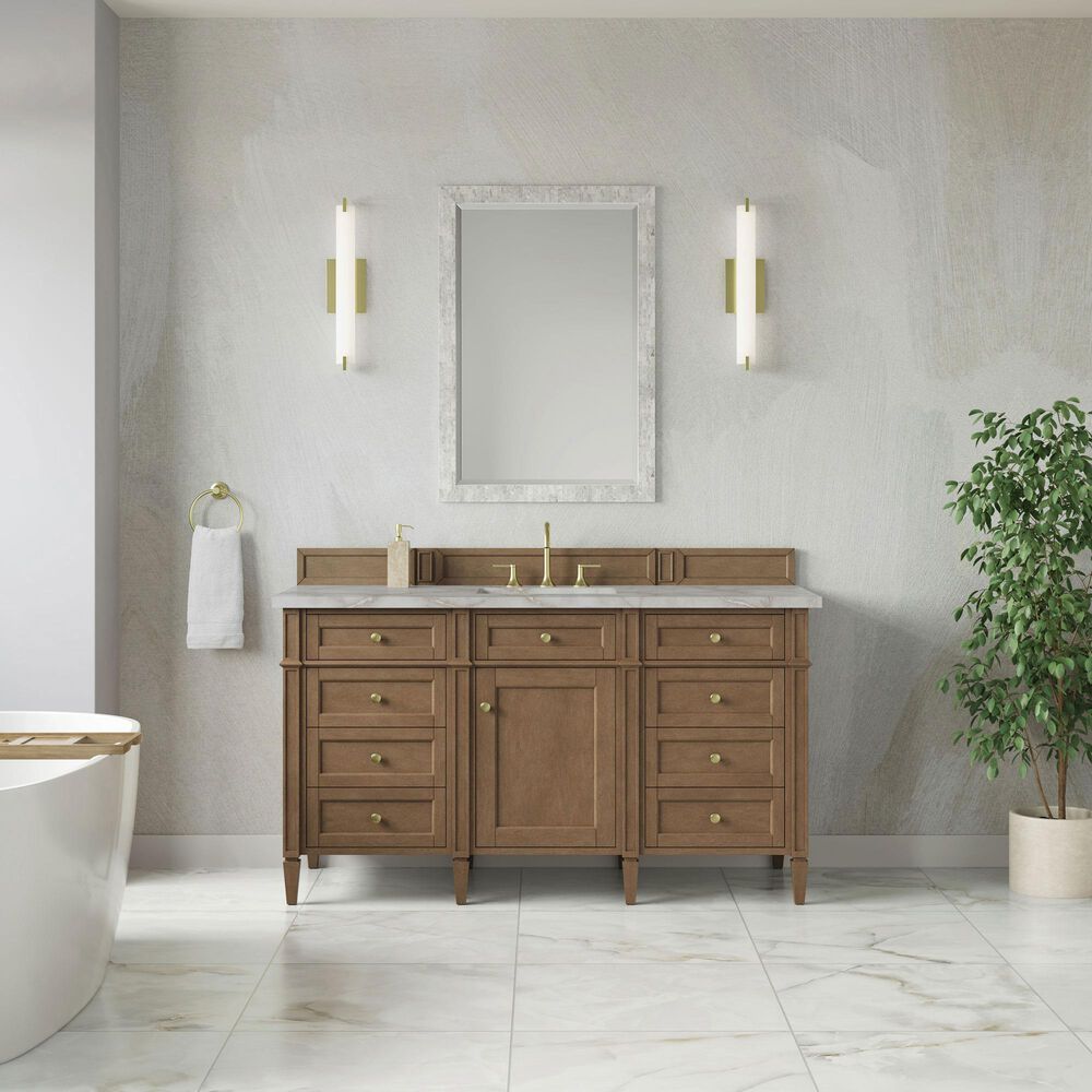 James Martin Brittany 60" Single Bathroom Vanity in Pecan with 3 cm Victorian Silver Silestone Top, Rectangular Sink and FreePower Wireless Charger, , large