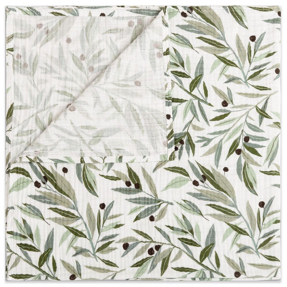 Babyletto Olive Branches Muslin Swaddle in Green and White, , large