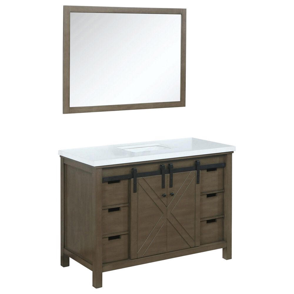 Lexora Home Marsyas 48" Single Bathroom Vanity in Rustic Brown with White Quartz Top, Rectangle Sink and Mirror, , large