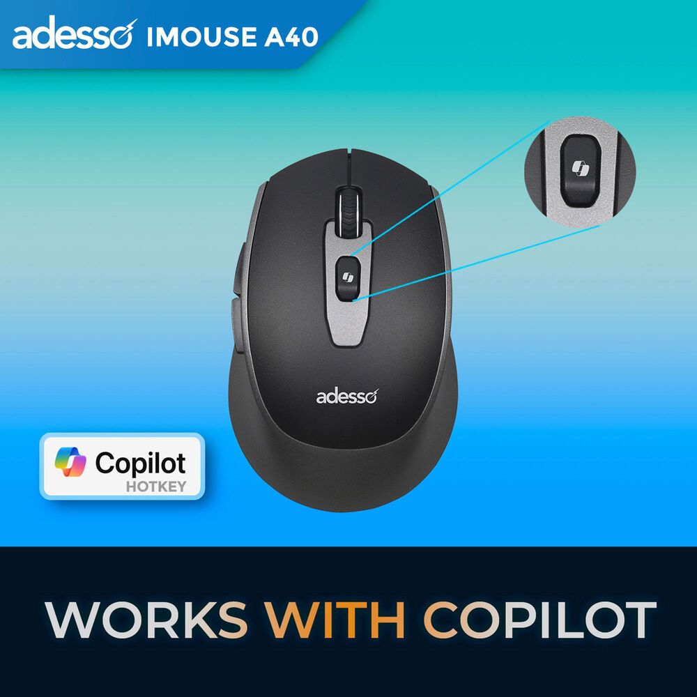 Adesso A40 Wireless Ergonomic Mouse with Copilot AI Hotkey in Black, , large