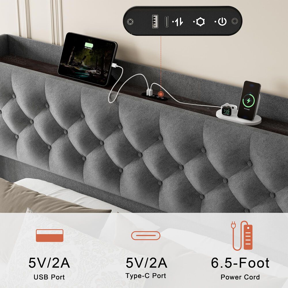 HOMLUX Full Upholstered Platform Storage Bed with Headboard Shelf and USB Charging Station in Gray, , large