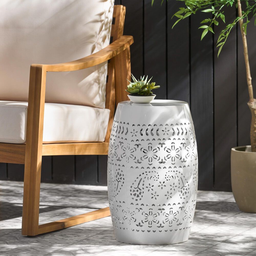 Hearth and Haven Ruby Outdoor Barrel End Table with Lace-Cut Design in White, , large