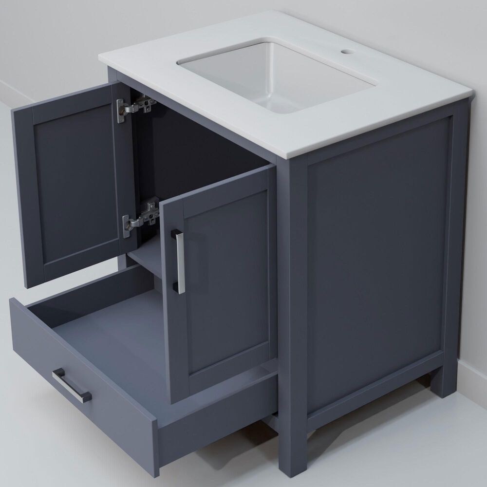 Lexora Home Jacques 30" Single Bathroom Vanity in Dark Grey with 2 cm White Quartz Top and Rectangular Sink, , large