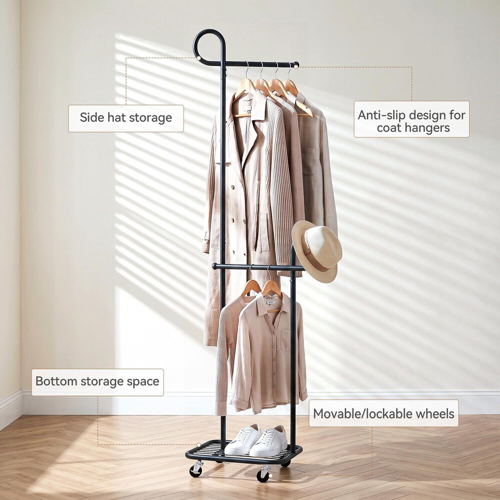 HOMLUX F-Shape Indoor Coat Rack with Lockable Wheeled Bases and Hat Hooks in Black, , large