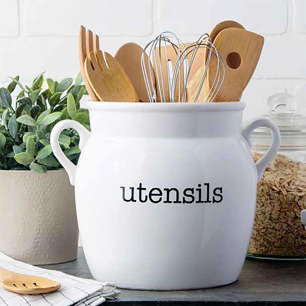 Home Essentials & Beyond 2-Handle Utensil Crock with Black Letters in White, , large