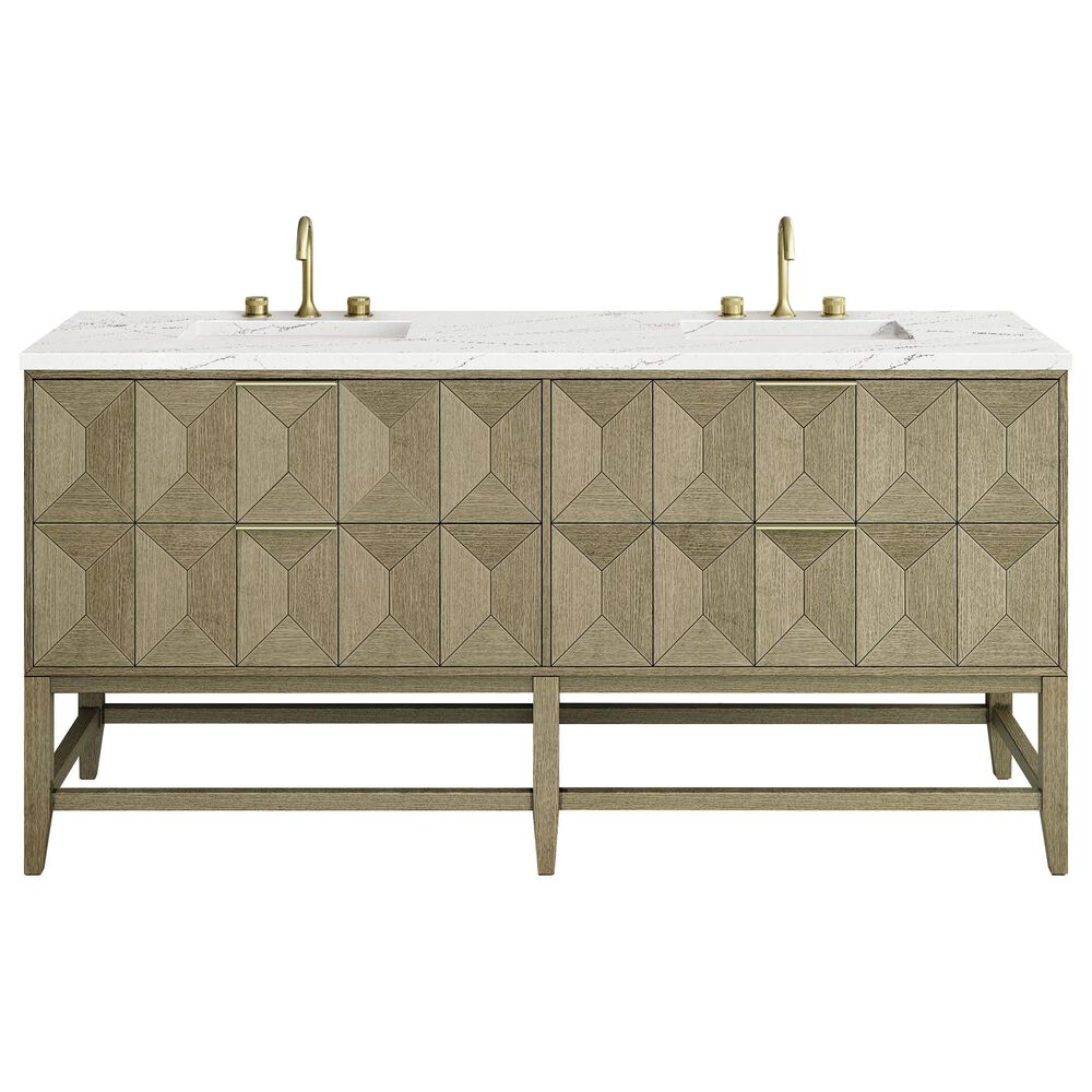 James Martin Vanities Emmeline 72" Double Bathroom Vanity in Pebble Oak with 3 cm Ethereal Noctis Quartz Top and Rectangular Sinks, , large