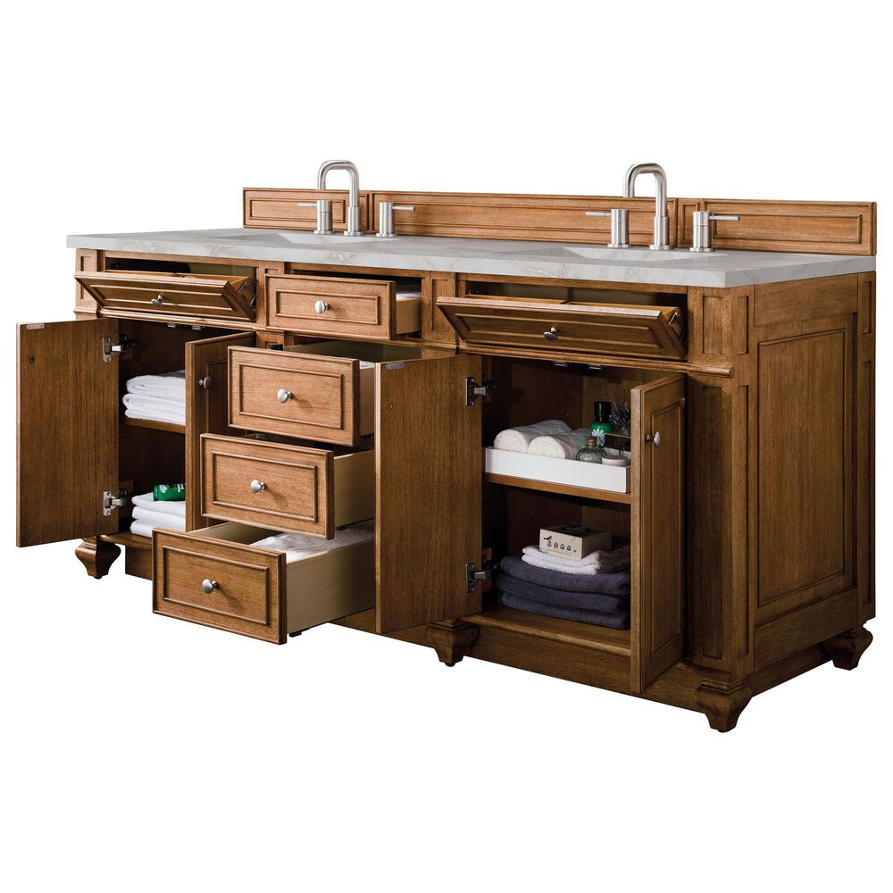 James Martin Vanities Bristol 72" Double Bathroom Vanity in Saddle Brown with 3 cm Eternal Jasmine Pearl Silestone Top, Rectangular Sinks and FreePower Wireless Charger, , large