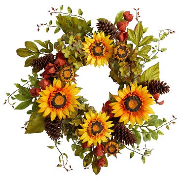 Nearly Natural Inc 26" Fall Hydrangea, Sunflower and Pinecones Wreath in Orange and Green, , large