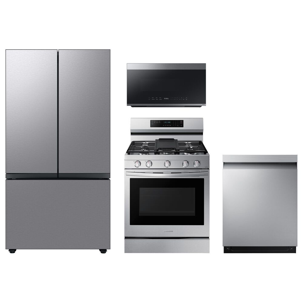 Samsumg 4-Piece Kitchen Package with 30 Cu. Ft. French Door Refrigerator with Beverage Center and 6.0 Cu. Ft. Smart Freestanding Gas Range in Stainless Steel, , large