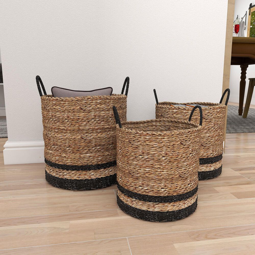 Maple and Jade Seagrass Storage Basket in Brown and Black &#40;Set of 3&#41;, , large