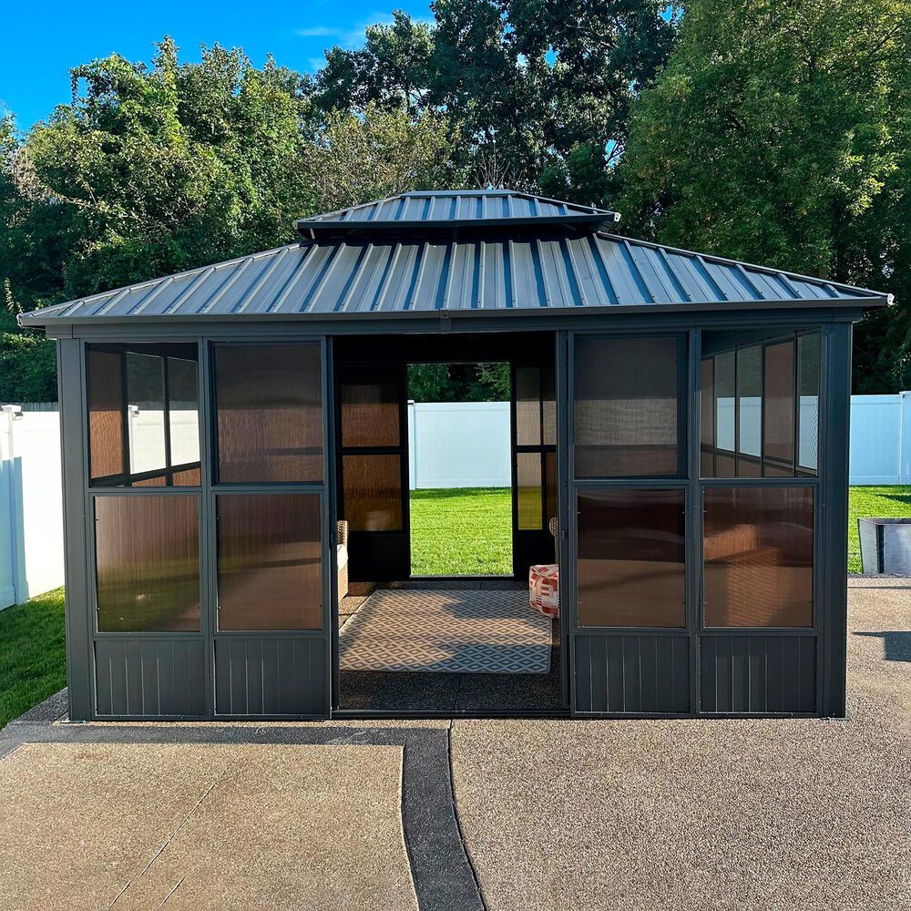 HOMLUX 12' x 14' Outdoor Sunroom Gazebo with Aluminum Frame in Gray, , large