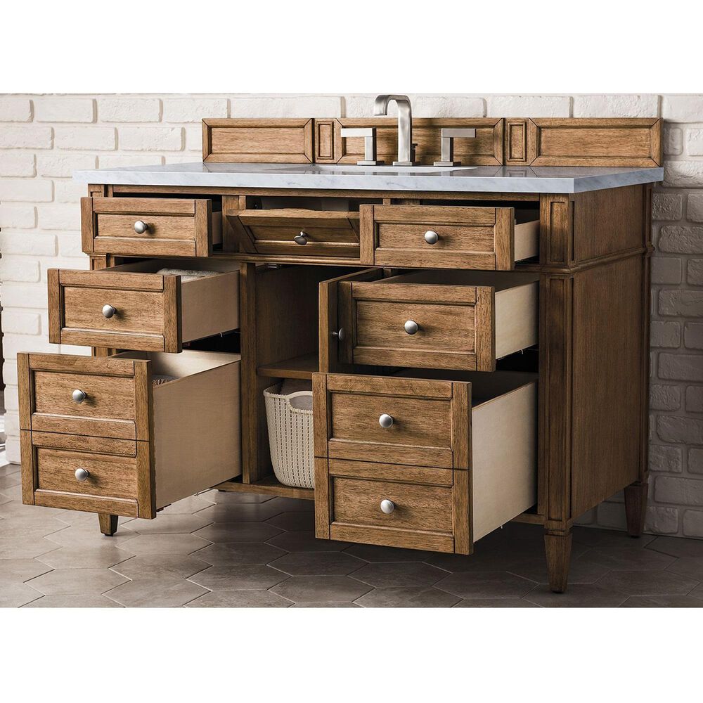 James Martin Vanities Brittany 48&quot; Single Bathroom Vanity in Saddle Brown with 3 cm Eternal Jasmine Pearl Quartz Top and Rectangular Sink, , large