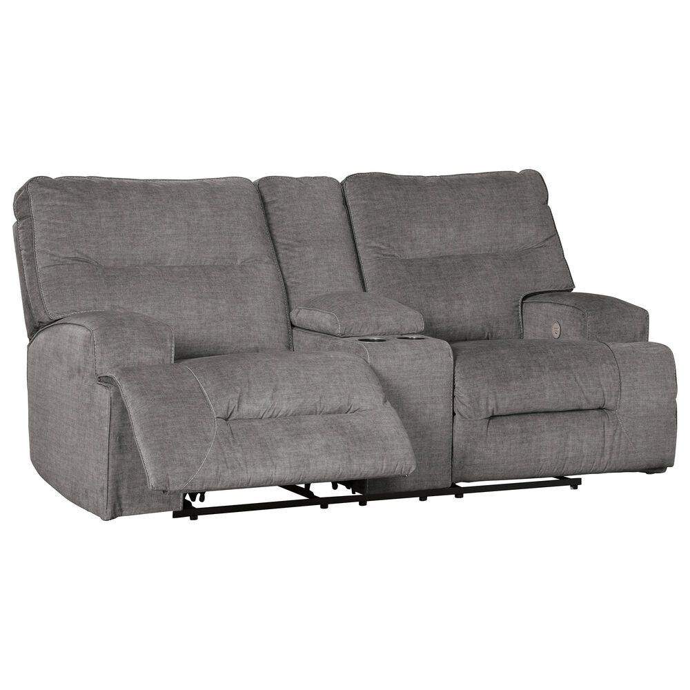 Benchcraft Coombs Double Power Reclining Loveseat with Console in Charcoal, , large