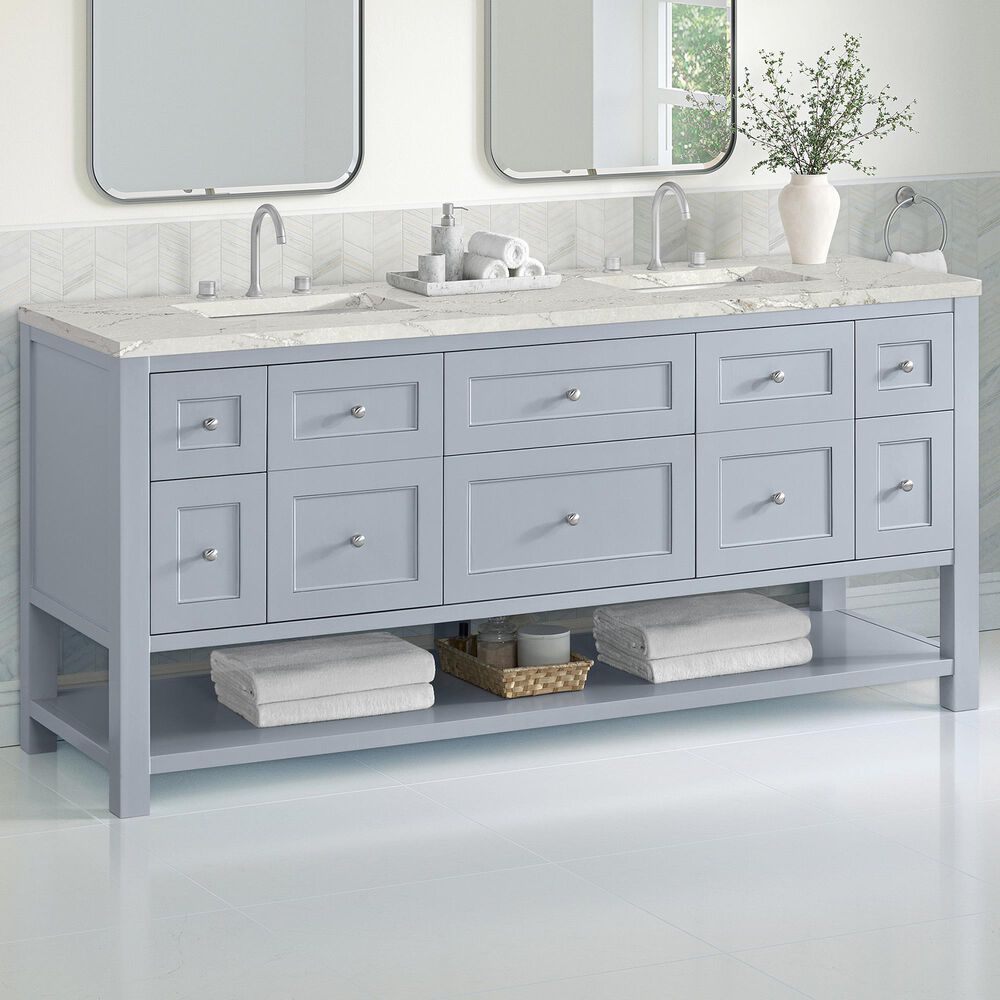 James Martin Vanities Breckenridge 72&quot; Double Bathroom Vanity in Serenity Blue with 3 cm Victorian Silver Quartz Top and Rectangular Sinks, , large