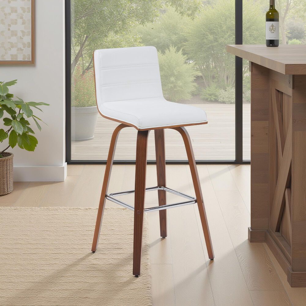 Armen Living Vienna Swivel Bar Height Stool with Snow White Upholstery in Walnut, , large