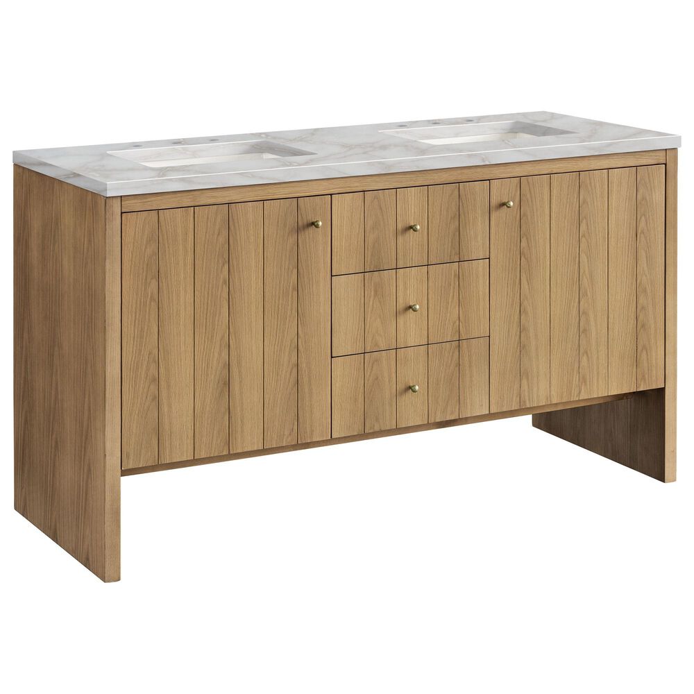 James Martin Vanities Hudson 60" Double Bathroom Vanity in Light Natural Oak with 3 cm Eternal Jasmine Pearl Silestone Top, Rectangular Sinks and FreePower Wireless Charger, , large