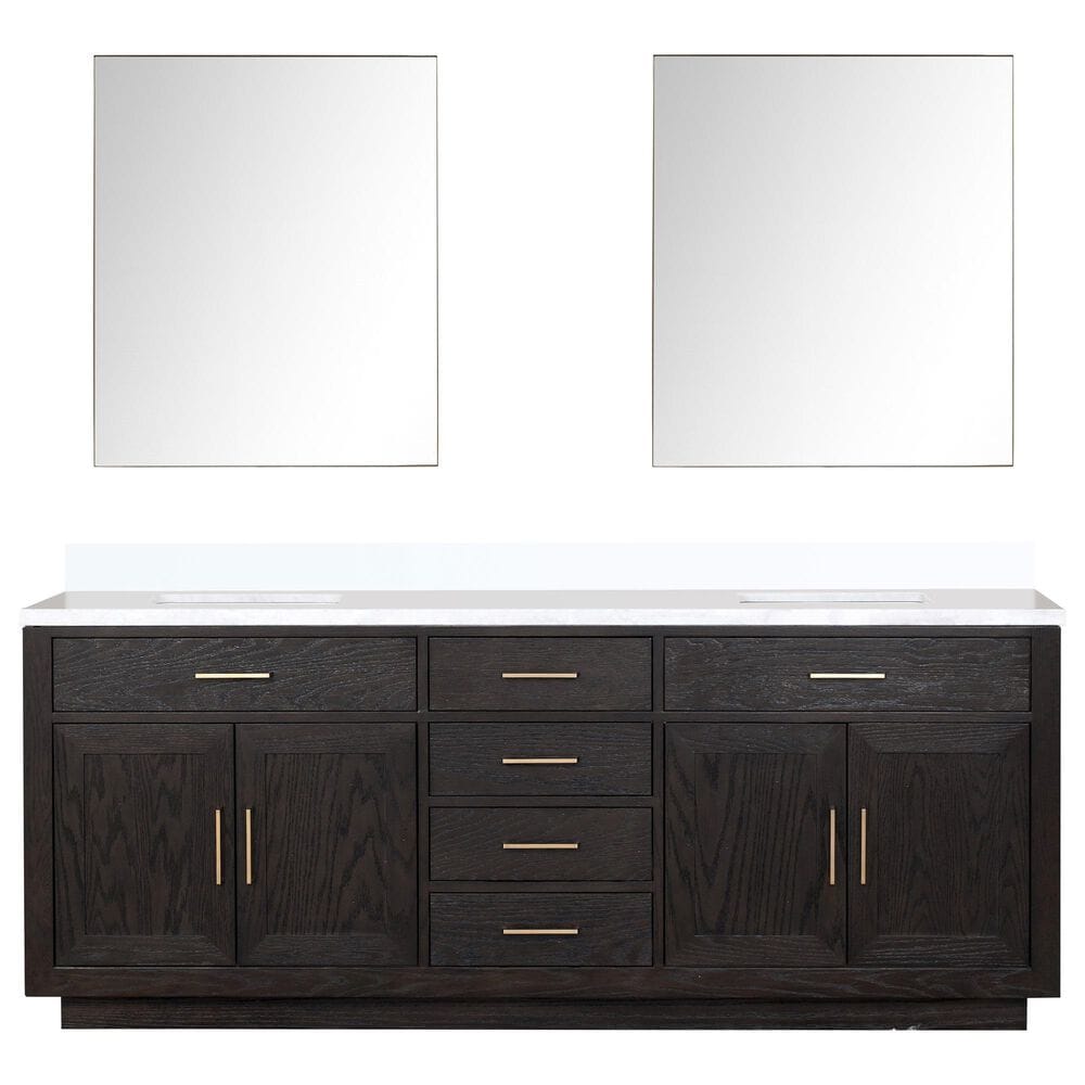 Lexora Home Abbey 84&quot; Double Bathroom Vanity in White Oak with 2 cm White Quartz Top, Rectangular Sinks and 34&quot; Mirrors, , large