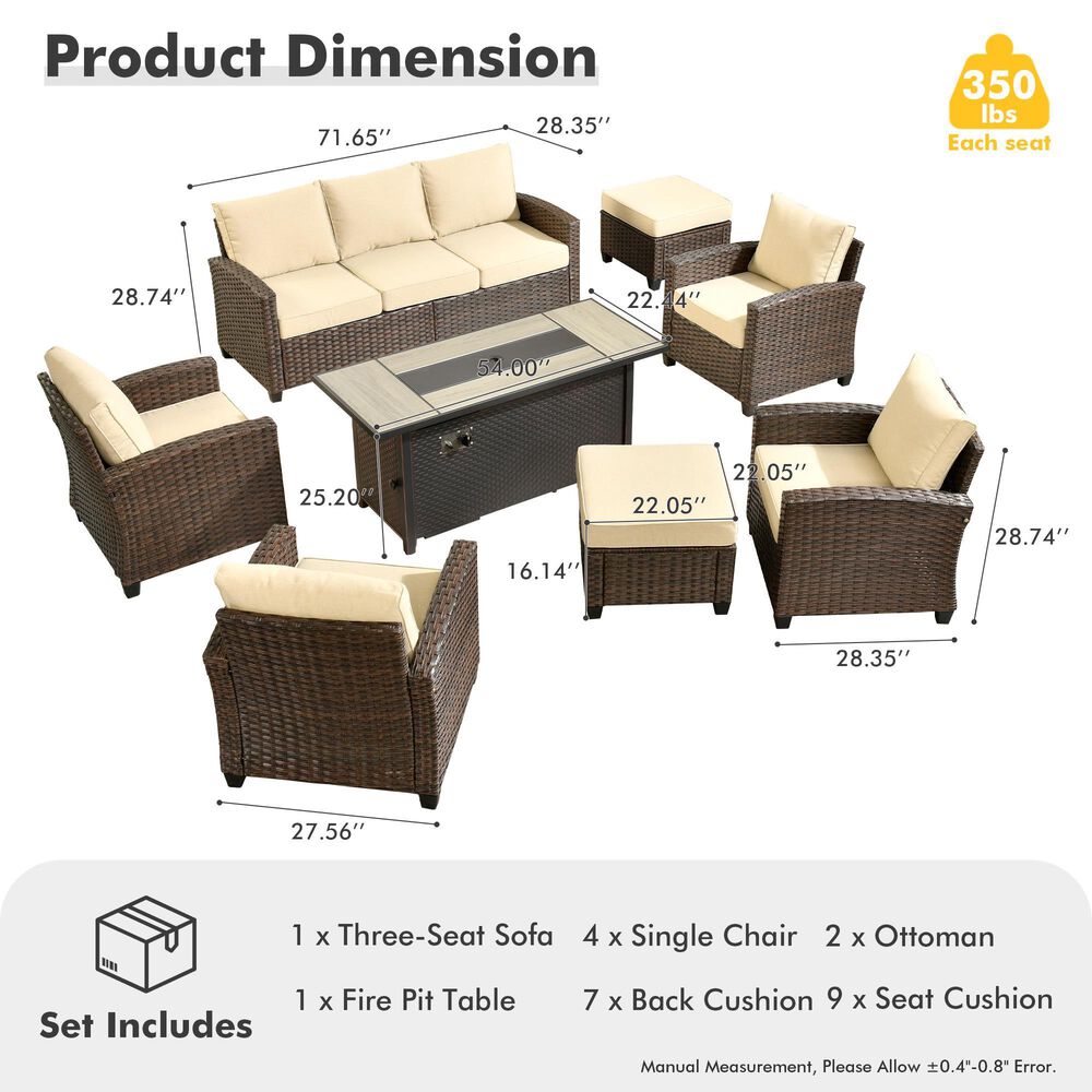 HOMLUX 8-Piece Patio Conversation Set with Fire Pit Table in Beige, , large