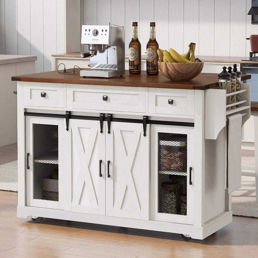 HOMLUX 58" Kitchen Island with Drop Leaf in White and Brown, , large