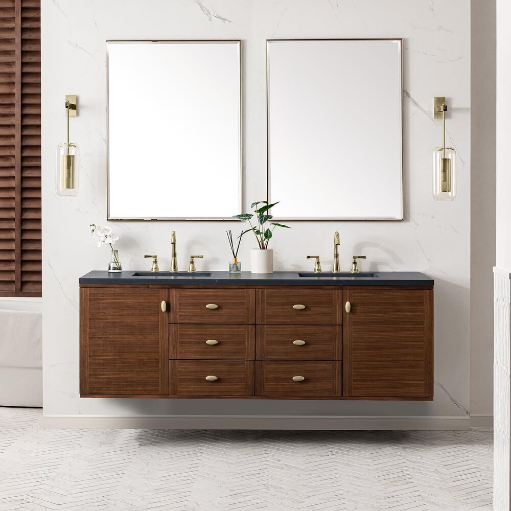 James Martin Vanities Amberly 72&quot; Double Bathroom Vanity in Walnut with 3 cm Charcoal Soapstone Quartz Top and Rectangular Sinks, , large