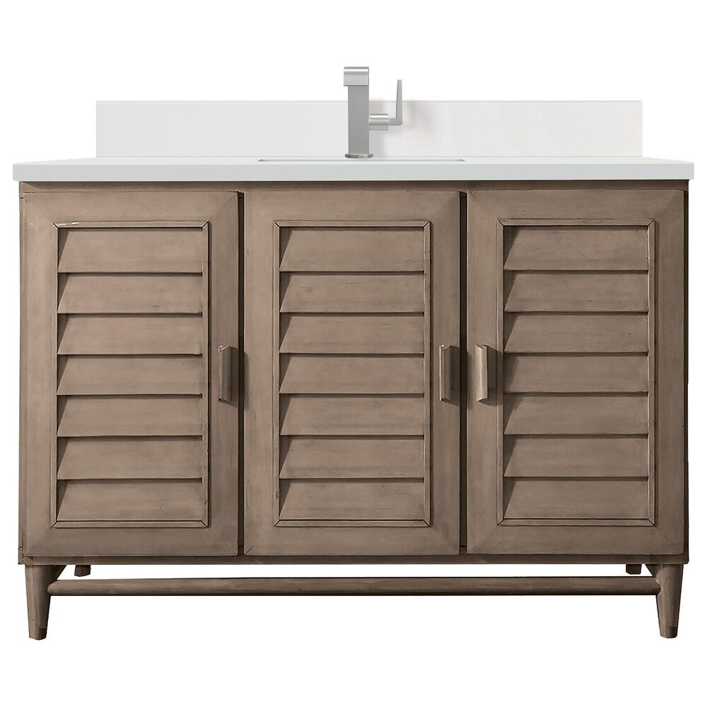 James Martin Vanities Portland 48" Single Bathroom Vanity in Whitewashed Walnut with Single Hole 3 cm White Zeus Quartz Top and Rectangular Sink, , large