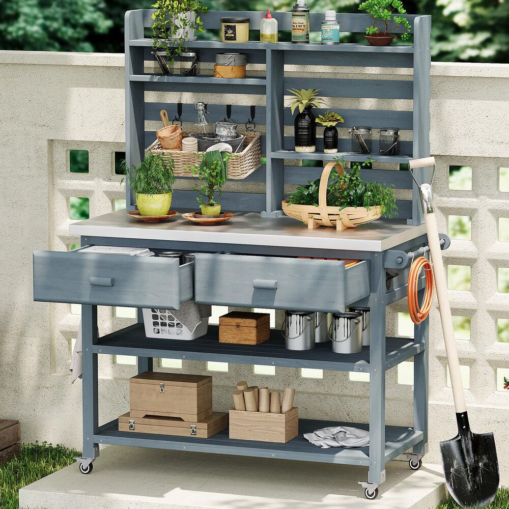 HOMLUX 65" Outdoor Potting Bench Table in Grey, , large