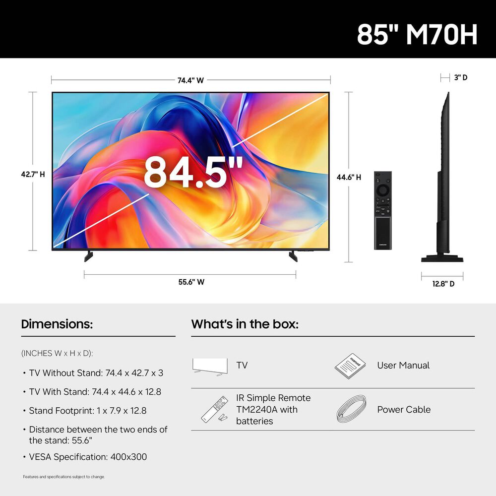 Samsung 85" Class M70H Mini LED 4K UHD Vision AI in Black - Smart TV, , large