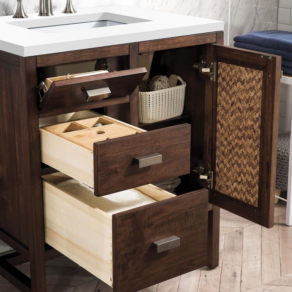 James Martin Vanities Addison 30" Single Vanity Cabinet in Mid Century Acacia with 3 cm White Zeus Quartz Top and Rectangular Sink, , large