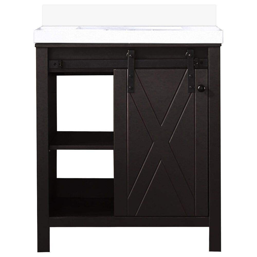 Lexora Home Marsyas 30&quot; Single Bathroom Vanity in Brown with 2 cm White Cultured Marble Top and Rectangular Sink, , large