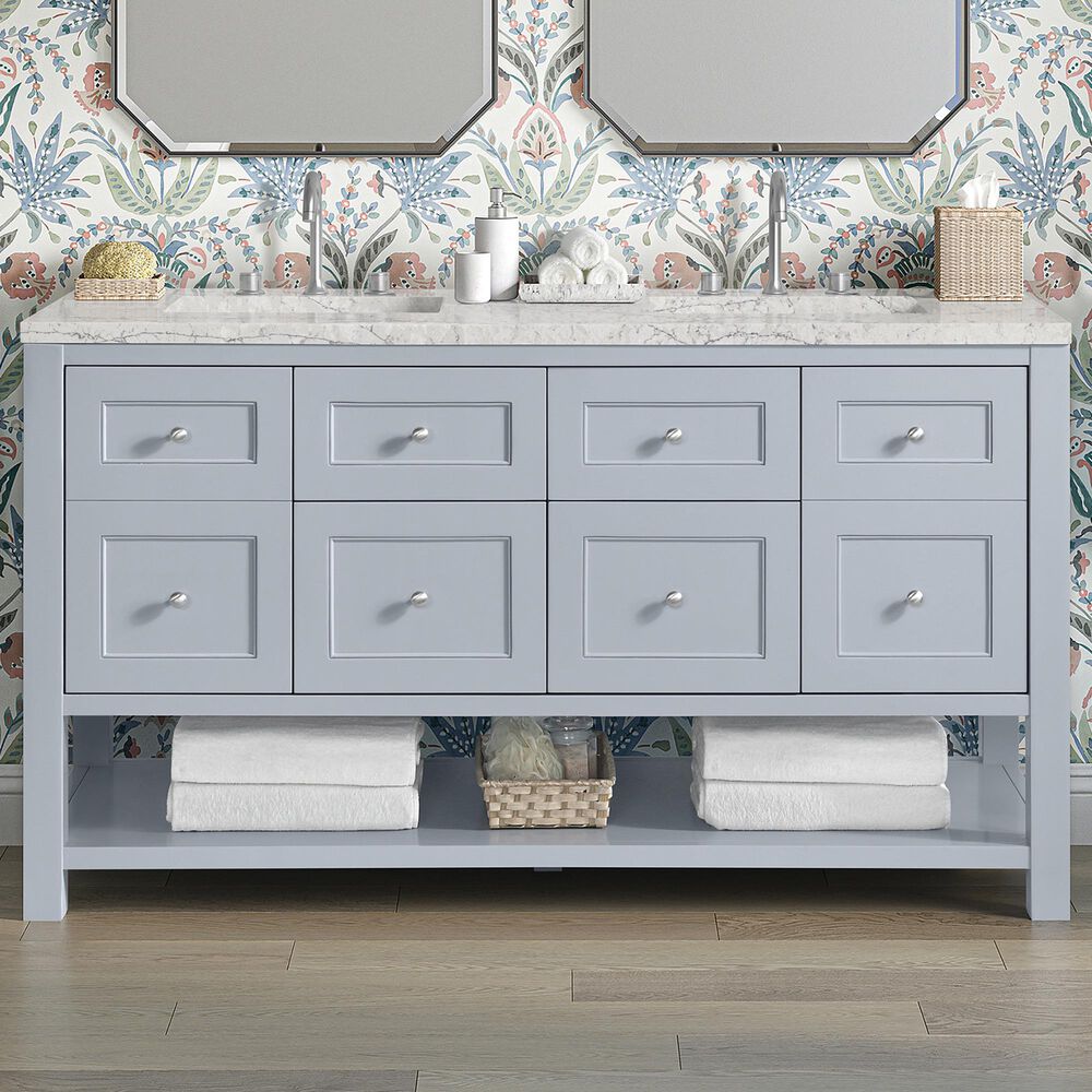 James Martin Vanities Breckenridge 60&quot; Double Bathroom Vanity in Serenity Blue with 3 cm Eternal Jasmine Pearl Quartz Top and Rectangular Sinks, , large