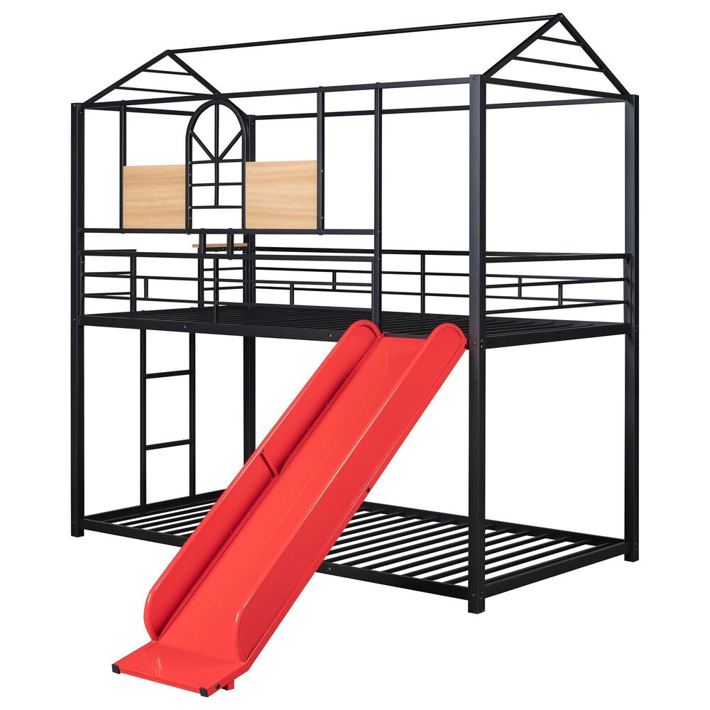 Hearth and Haven Twin over Twin House Bunk Bed with Built-in Slide in Black and Red, , large