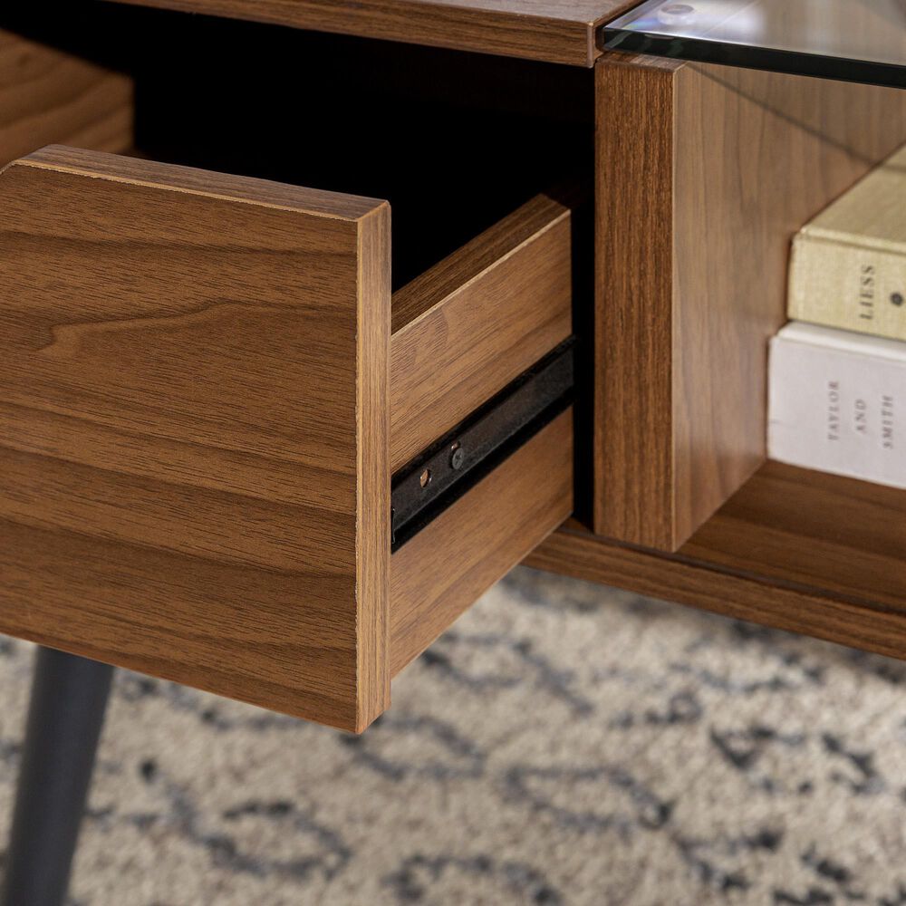 Walker Edison Juniper Coffee Table in Acorn and Glass Nebraska
