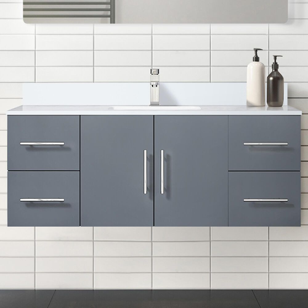Lexora Home Geneva 48&quot; Single Bathroom Vanity in Dark Grey with 2 cm White Quartz Top and Rectangular Sink, , large