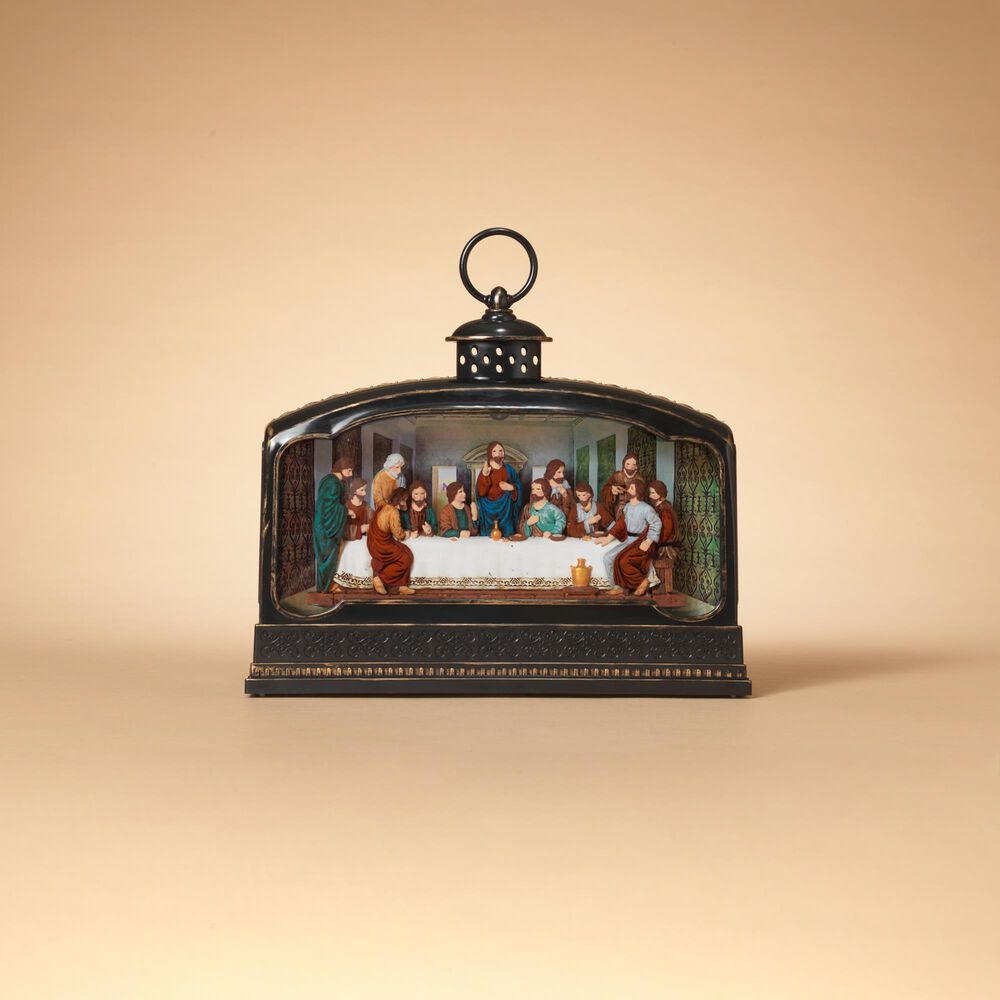 The Gerson Company 11.5&quot;L Battery-Operated Lighted Nativity Scene Spinning Water Globe Lantern in Brown, , large