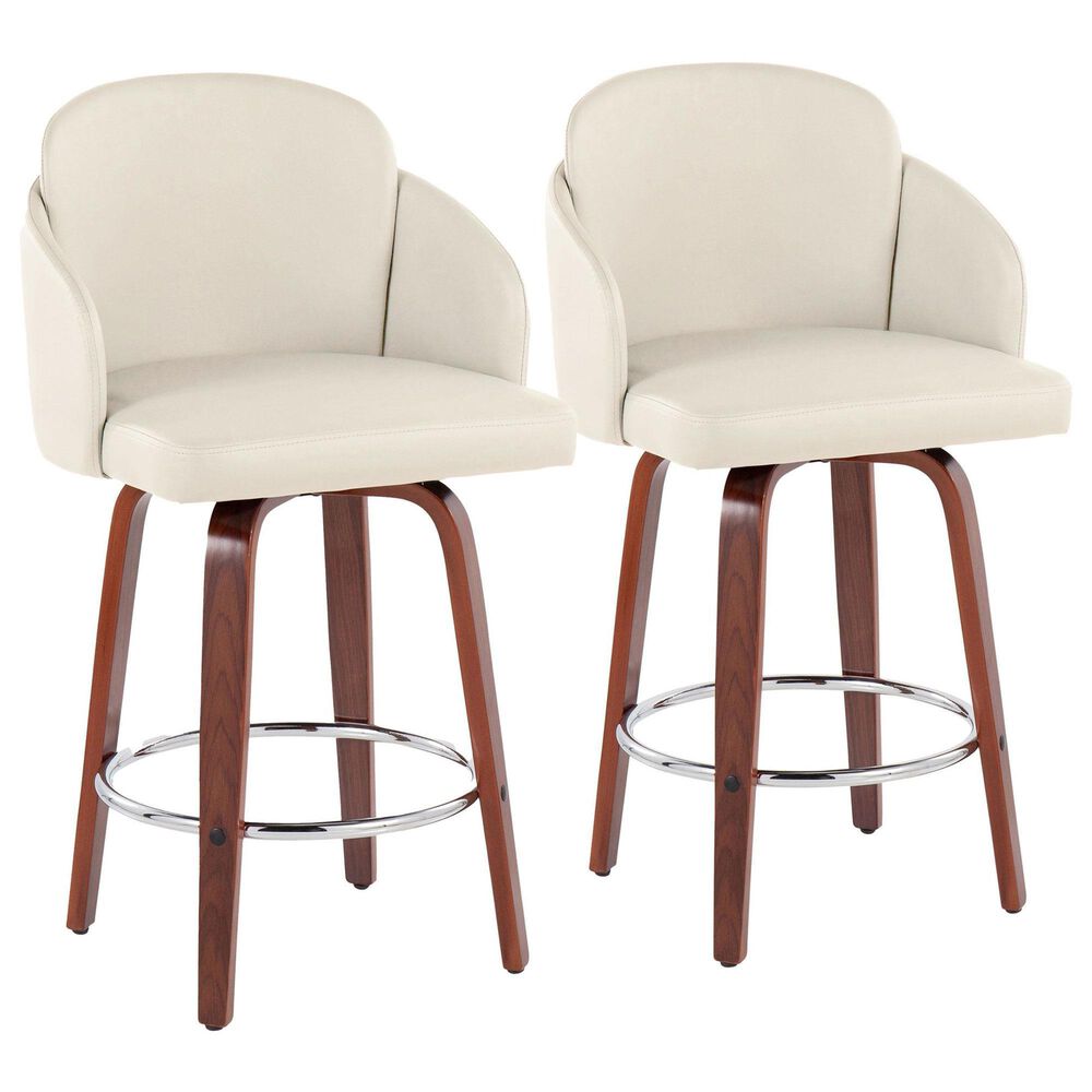 LumiSource Dahlia Swivel Counter Stool with Cream Faux Leather Upholstery in Walnut and Chrome (Set of 2), , large