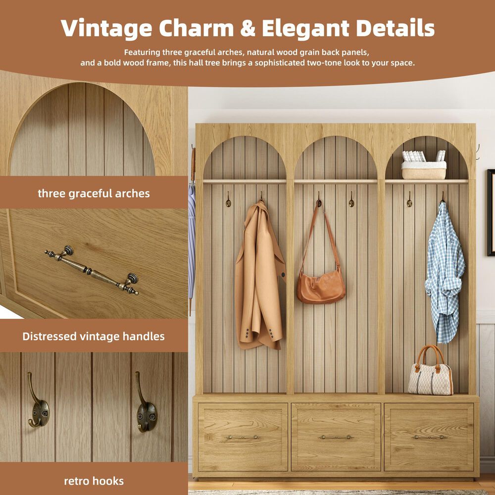 GigaCloud Wooden Hall Tree with Arched Design and Drawers in Natural and Oak, , large