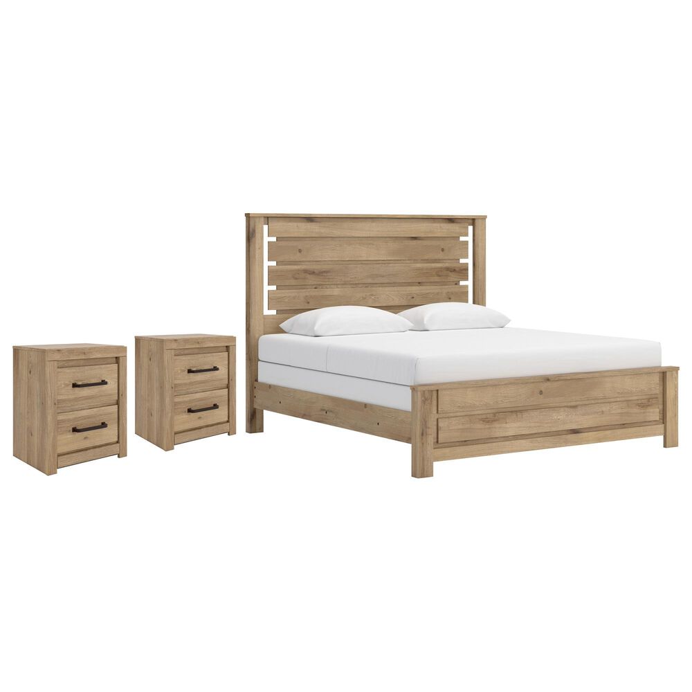 Ashley Brozmont King Panel Bed with Two Nightstands in Natural Brown, , large